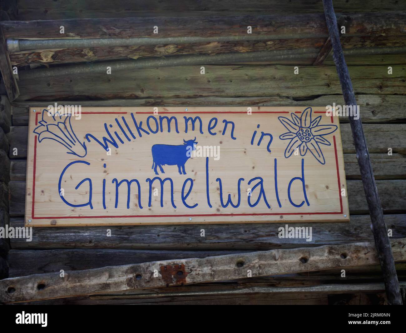 Welcome sign, Gimmelwald, Murren, Bernese Oberland, Switzerland. Stock Photo