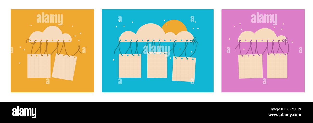 A set of postcards with empty sheets of paper hanging on a cloud. Templates for your design, postcards, posters, etc. Vector cute flat illustration. Stock Vector