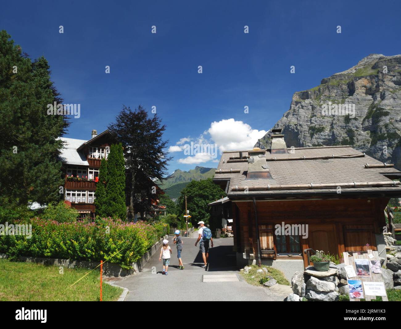 A street in the village of Gimmelwald, Murren, Bernese Oberland, Switzerland. Stock Photo