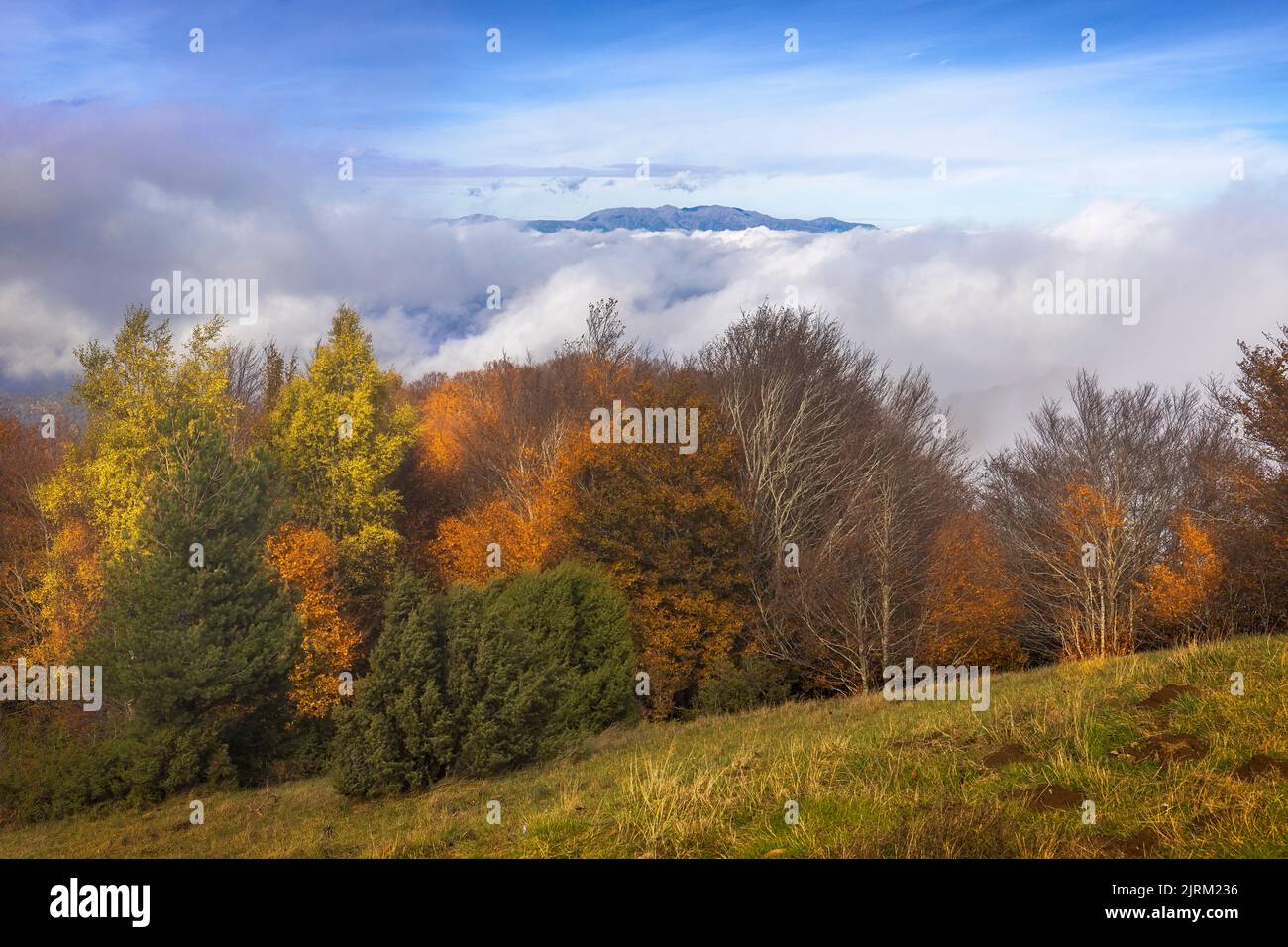Beautiful Autumn Foggy Landscape ias seen from top of Puigsacalm Peak, Catalonia Stock Photo