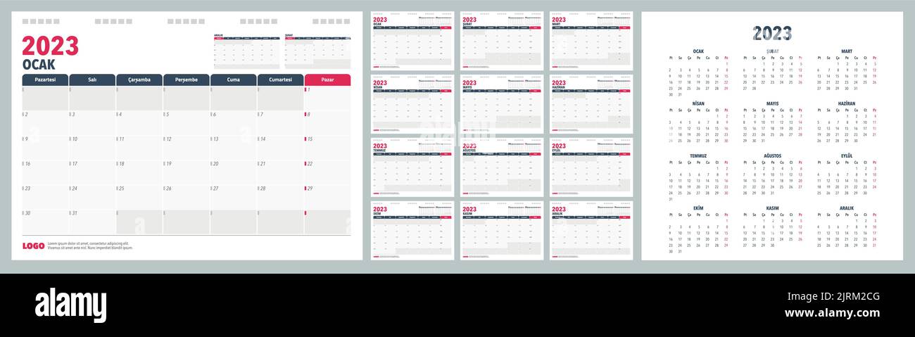 Calendar Planner 2023 in Turkish language. Week start Monday, corporate design planner template Stock Vector