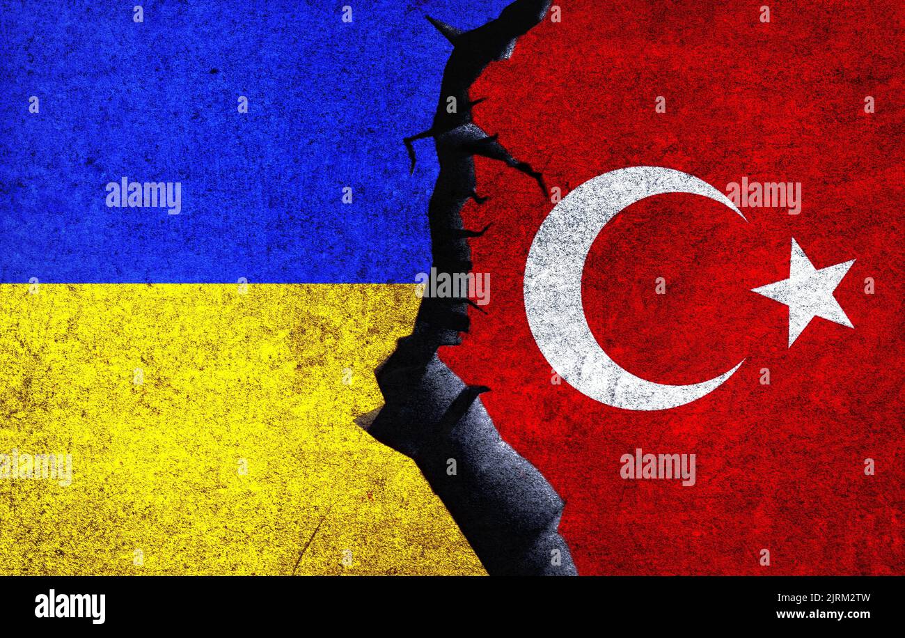 Turkey vs Ukraine concept flags on a wall with a crack. Ukraine and