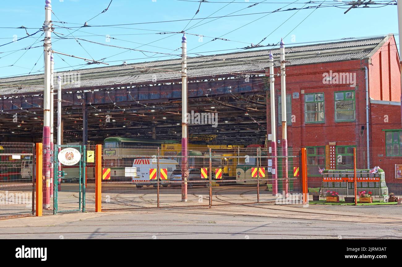 Blackpool Tramtown heritage tram depot at Rigby Road, with overhead wires, tram tracks and red brick transport sheds. FY1 5DD Stock Photo
