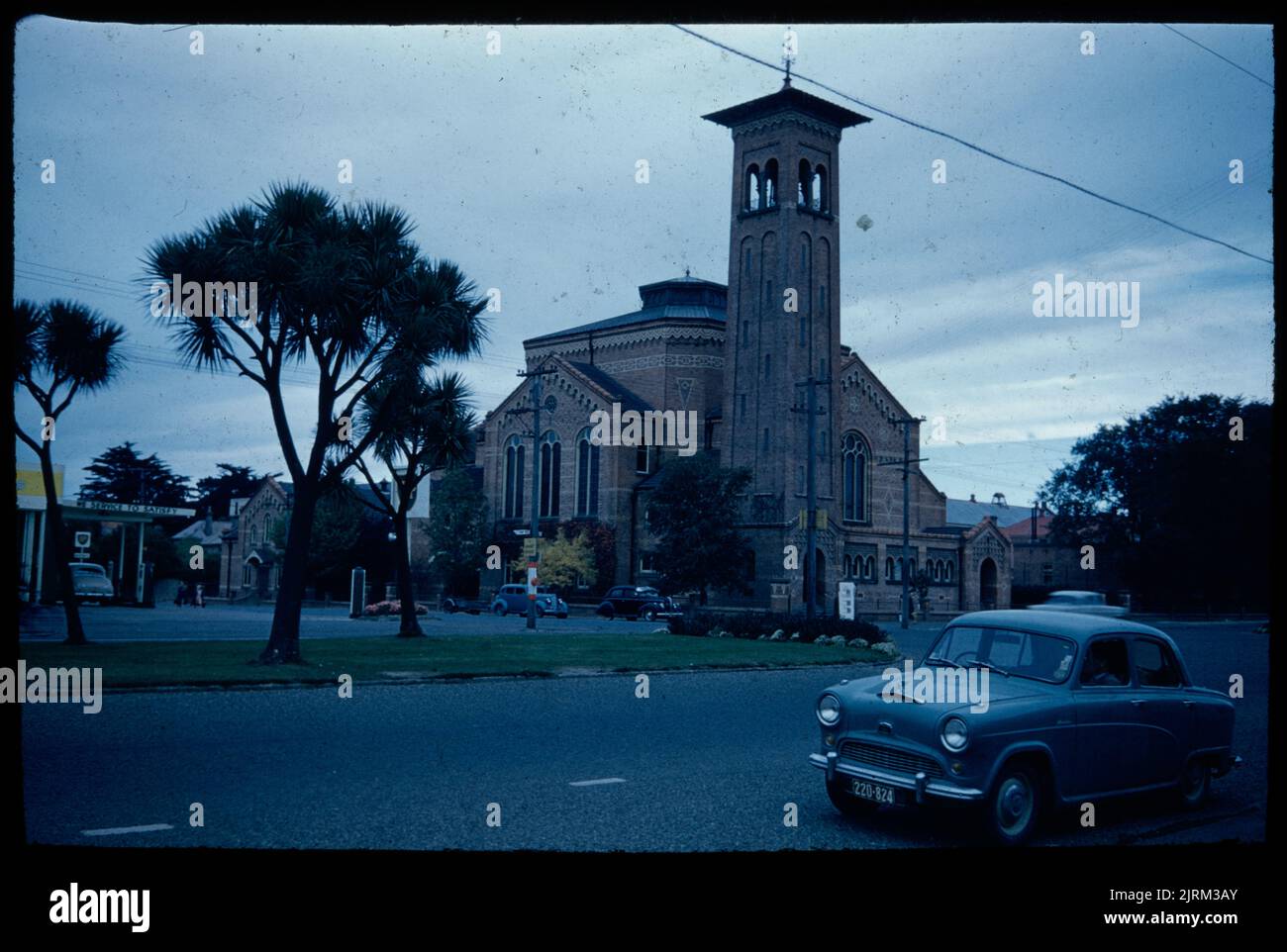 Arrival in Invercargill, Tay Street Presbyterian Church - a striking piece of architecture, 24 March 1959-13 April1959, Southland, by Leslie Adkin. Gift of Adkin Family, 1997. Stock Photo