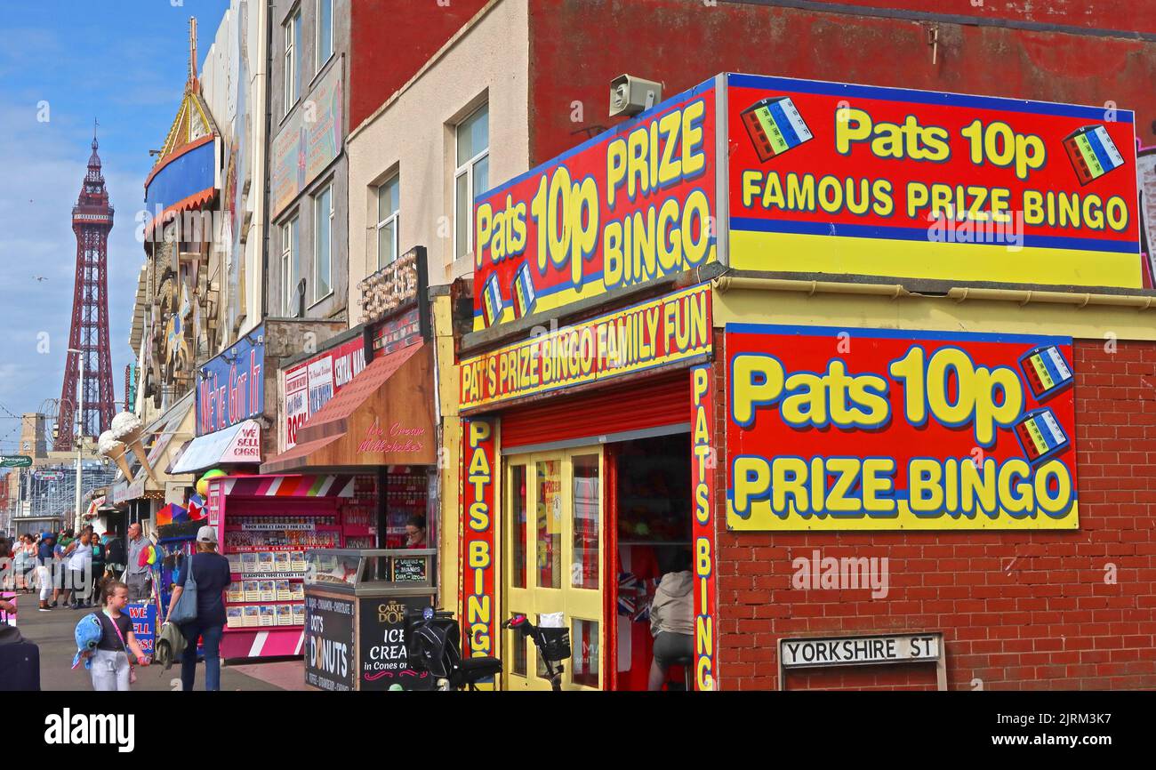 Pats 10p prize bingo, with tower behind, 165 The Promenade, Blackpool, Lancashire, England, UK,  FY1 5BE Stock Photo