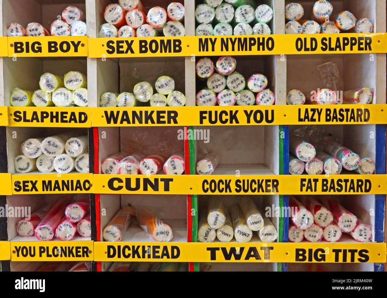 Sweary sugar sweet rock, on sale in Blackpool, Lancashire, England, UK Stock Photo