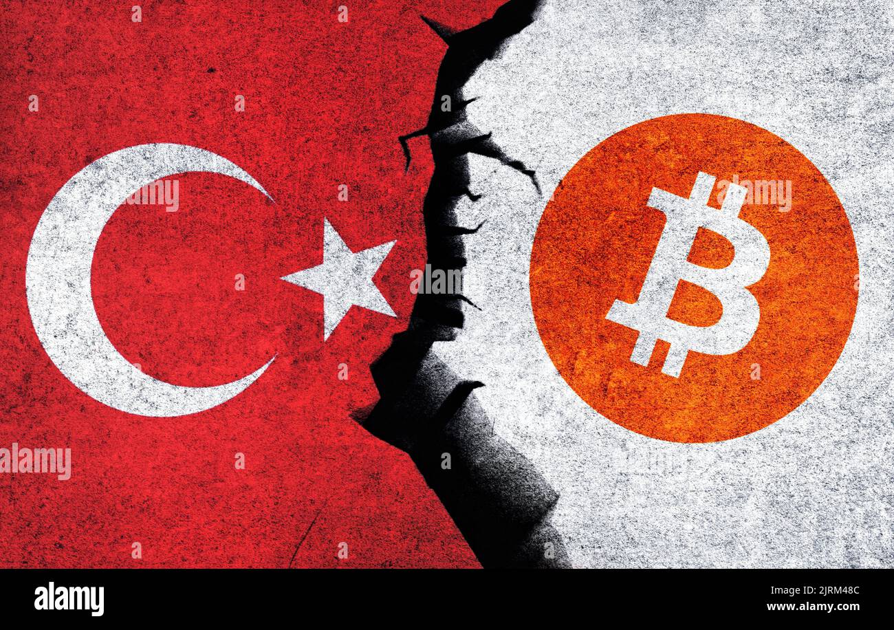 Bitcoin and Turkey flag on a wall with a crack. Turkey Bitcoin banned, not legal, stack, illegal, blockchain technology for crypto currency concept Stock Photo