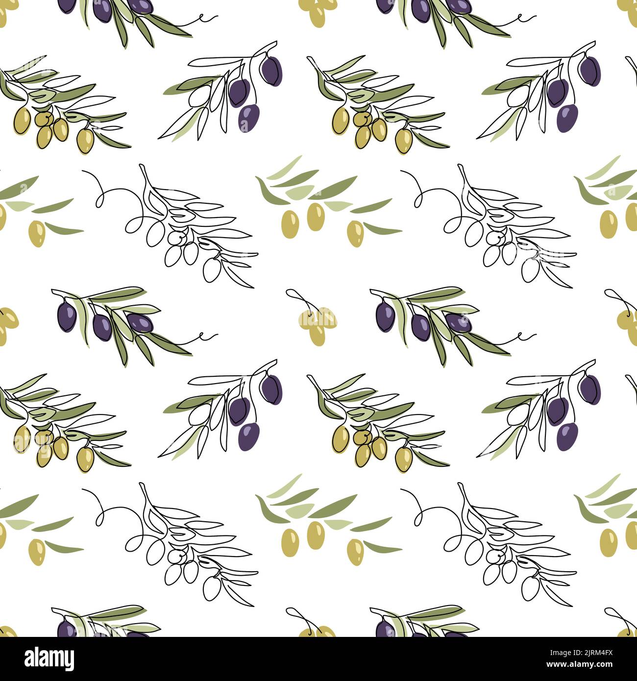 Oliva vector seamless pattern. Green and black olive tree branches on white background. One continuous line art drawing olives pattern Stock Vector