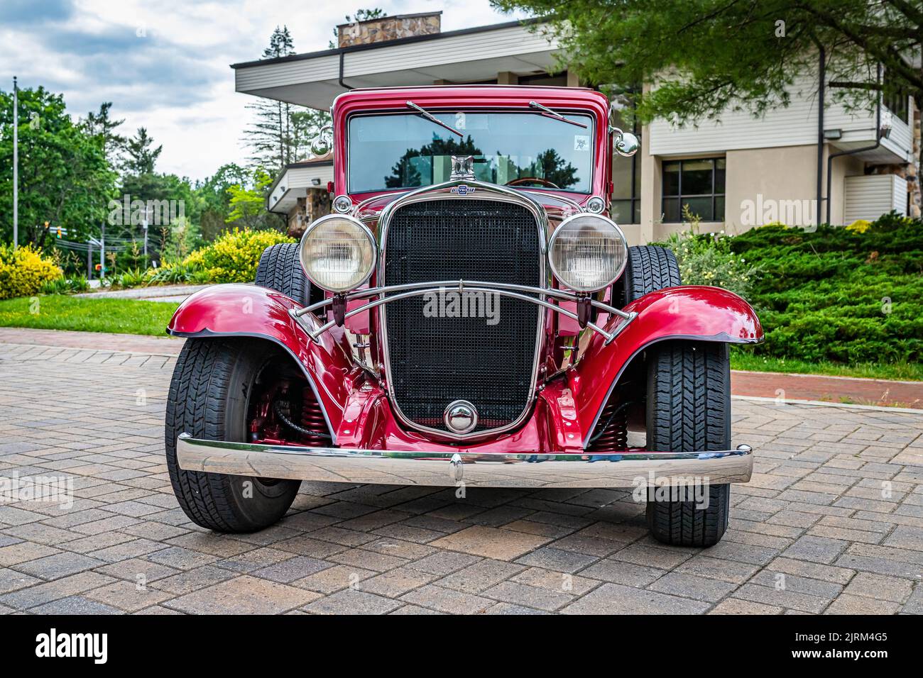 Highlands, NC - June 10, 2022: Low perspective front view of a 1932 Chevrolet Rumble Seat Coupe at a local car show. Stock Photo