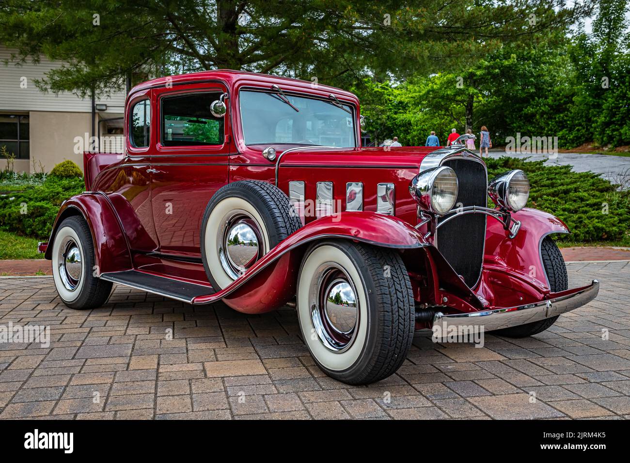Highlands, NC - June 10, 2022: Low perspective front corner view of a 1932 Chevrolet Rumble Seat Coupe at a local car show. Stock Photo