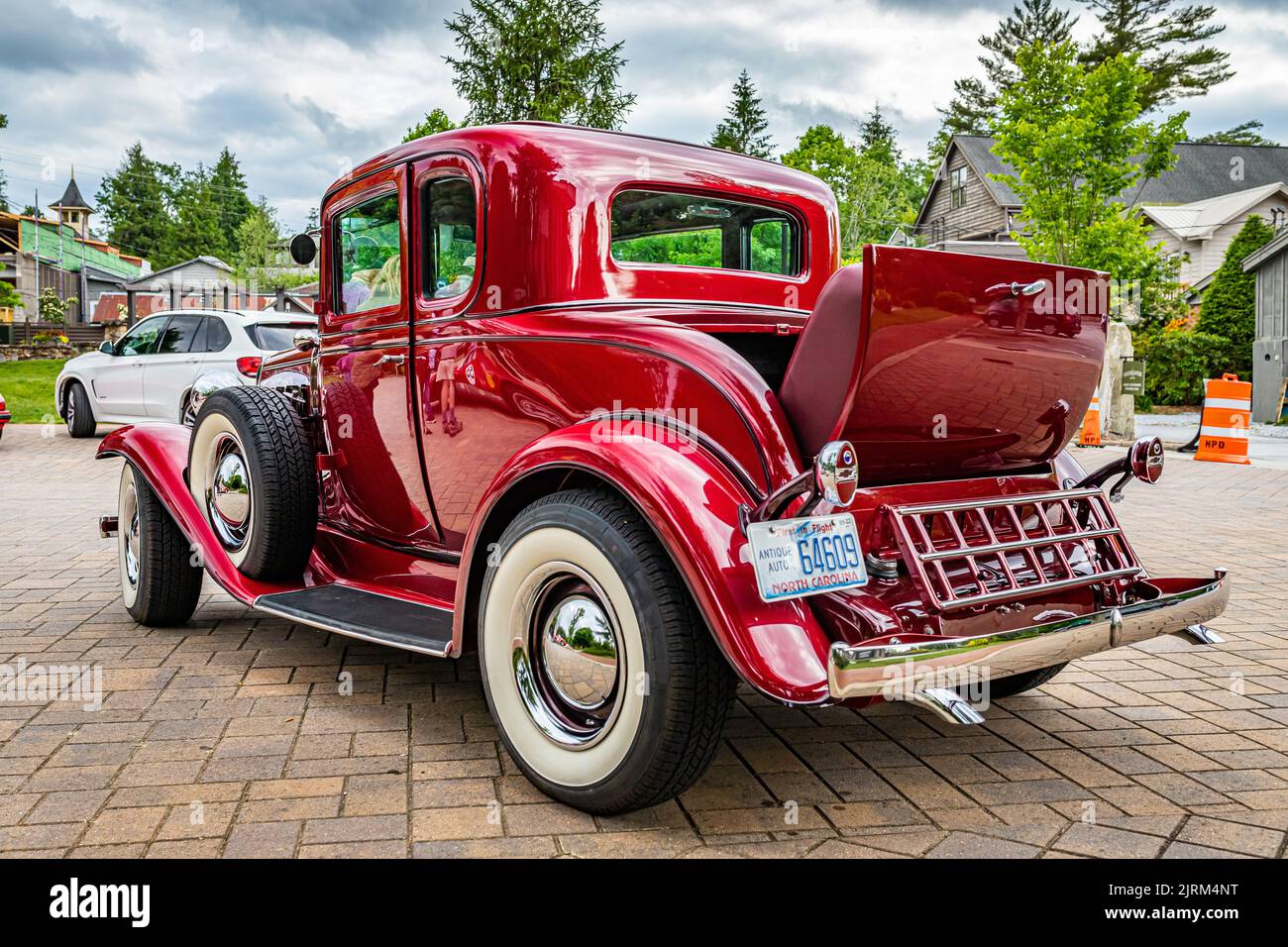 Highlands, NC - June 10, 2022: Low perspective rear corner view of a 1932 Chevrolet Rumble Seat Coupe at a local car show. Stock Photo