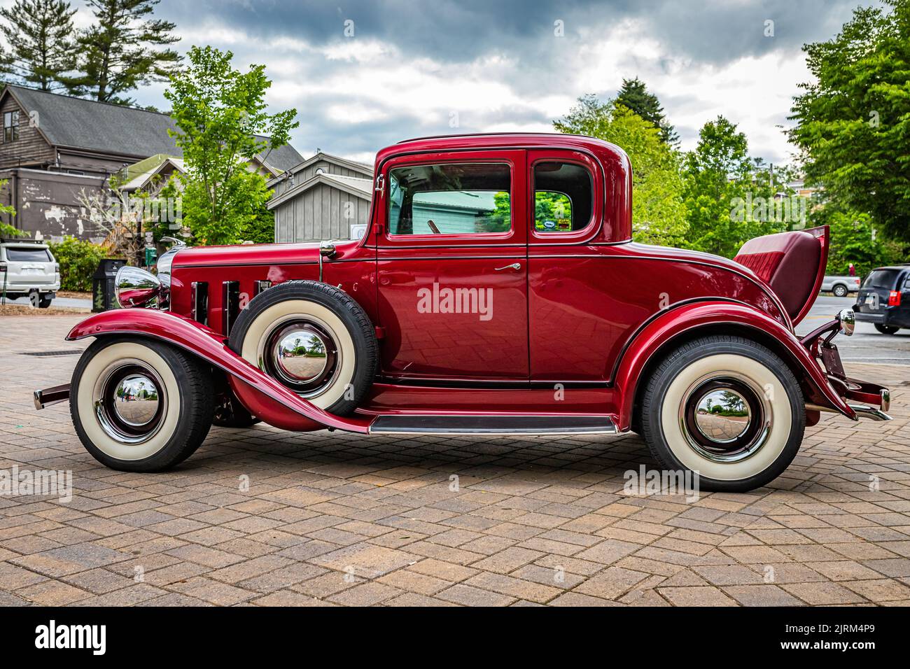 Highlands, NC - June 10, 2022:  Low perspective side view of a 1932 Chevrolet Rumble Seat Coupe at a local car show. Stock Photo