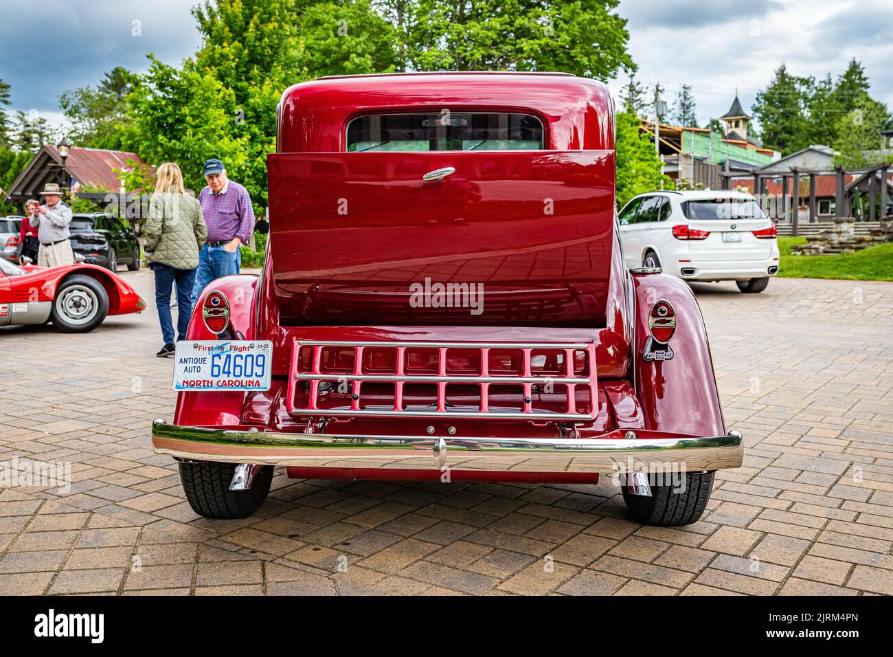 Highlands, NC - June 10, 2022: Low perspective rear view of a 1932 Chevrolet Rumble Seat Coupe at a local car show. Stock Photo