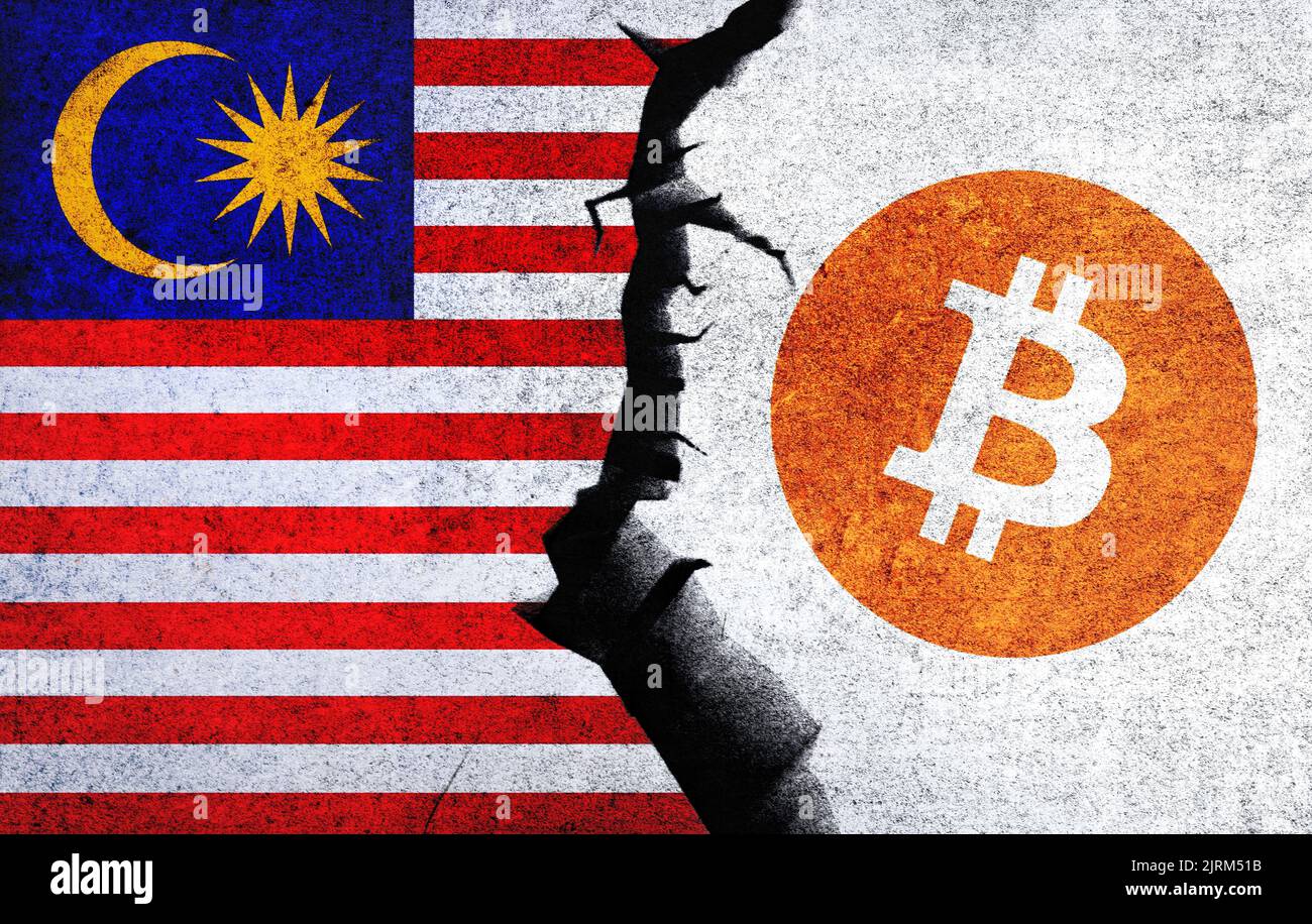 Bitcoin and Malaysia flag on a wall with a crack. Malaysia Bitcoin