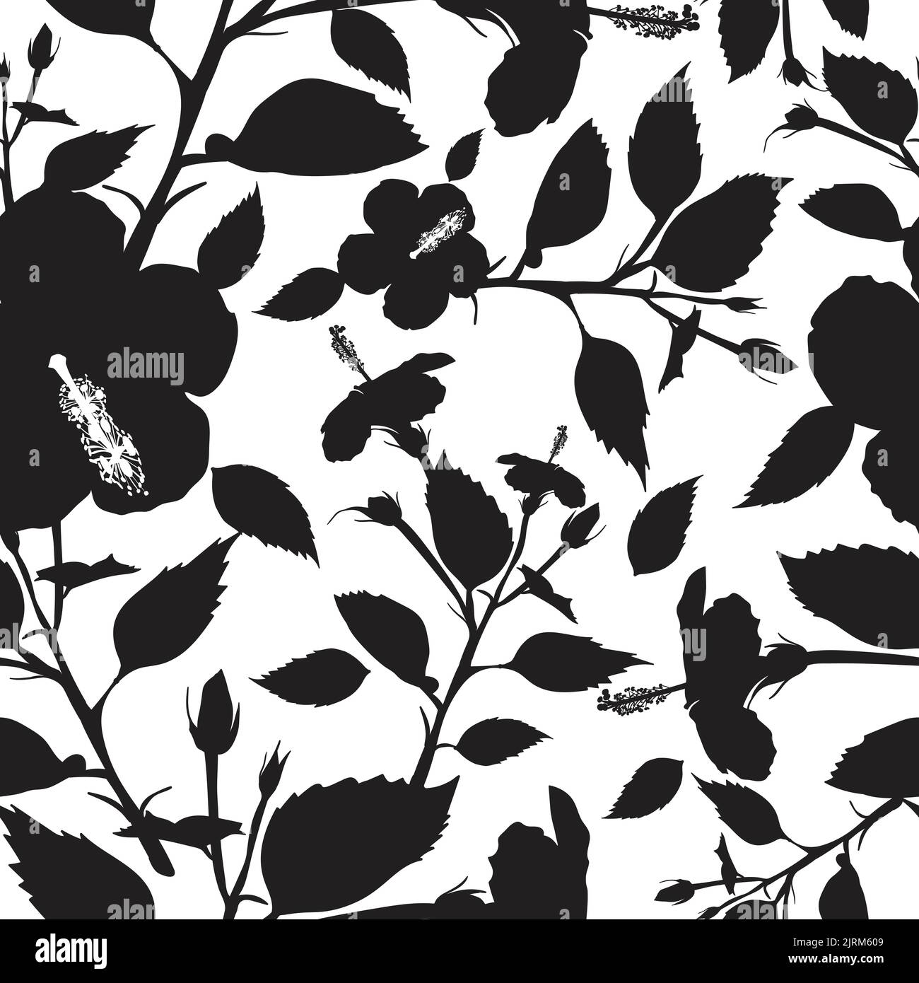 Hibiscus flower. Black silhouette seamless background Stock Vector