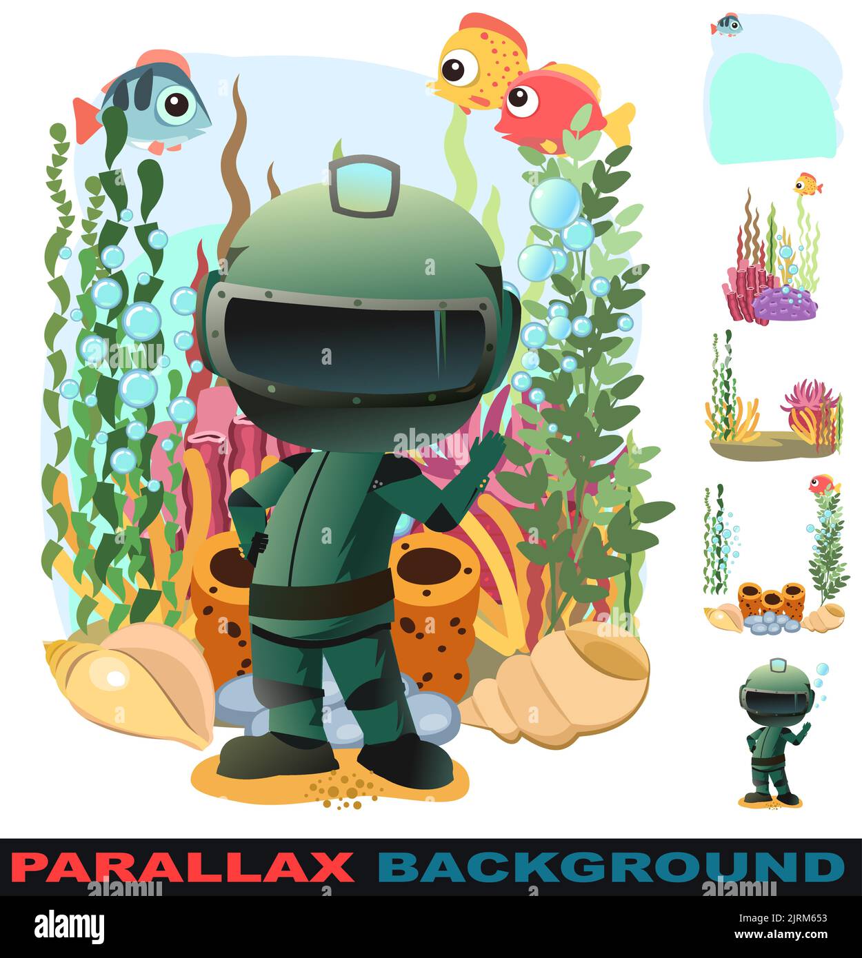 Diver in retro scuba gear near coral reefs. Guy in underwater suit bottom of pond. Set parallax effect. Extreme sports. Person in lake or sea. Air bub Stock Vector