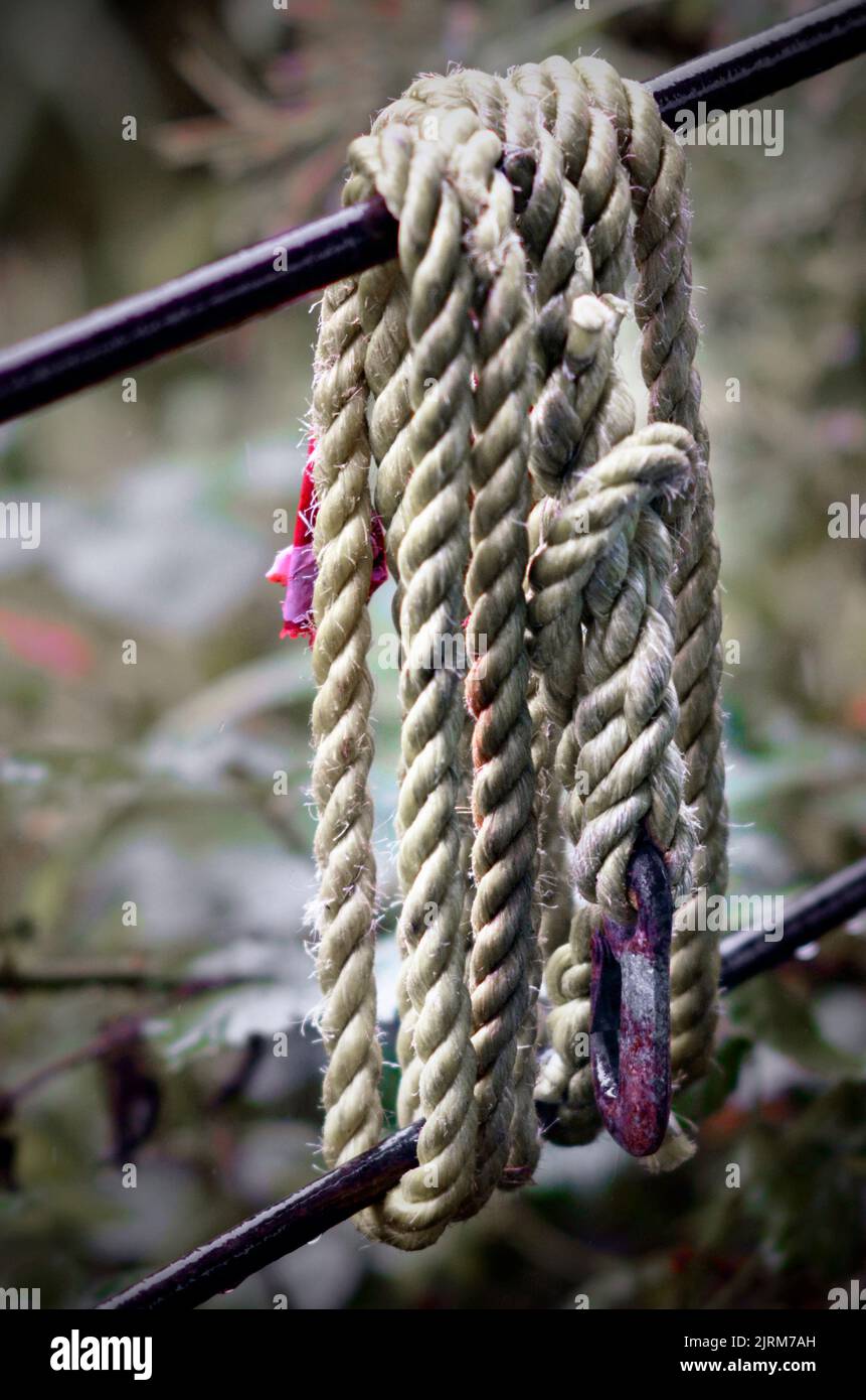coil of hemp rope wound on metal garden rails Stock Photo Alamy