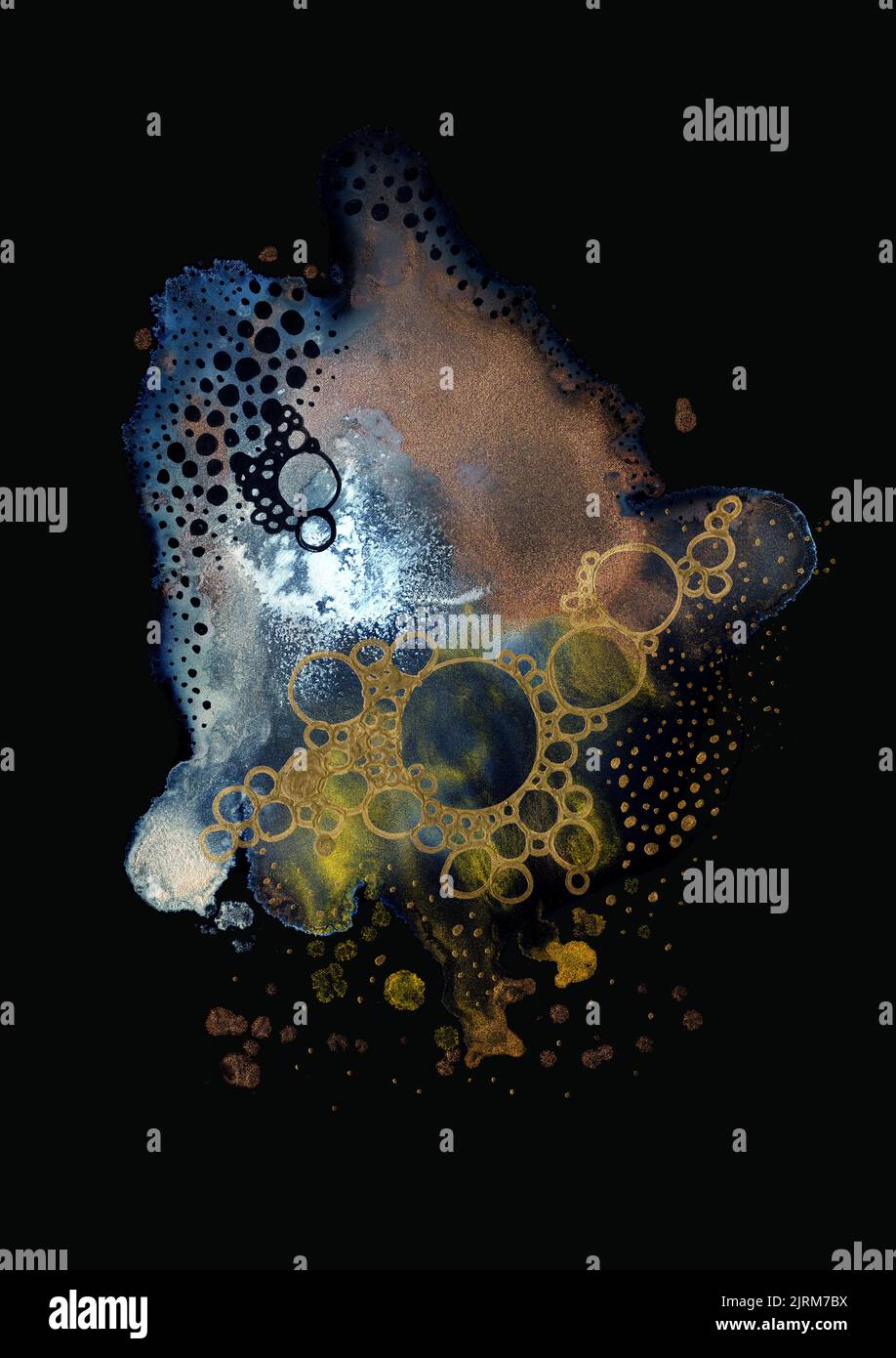 black, gold, white, dark field microscopy inspired , Abstract biomorphic watercolour and ink specimens with a cellular  bubble like structure Stock Photo