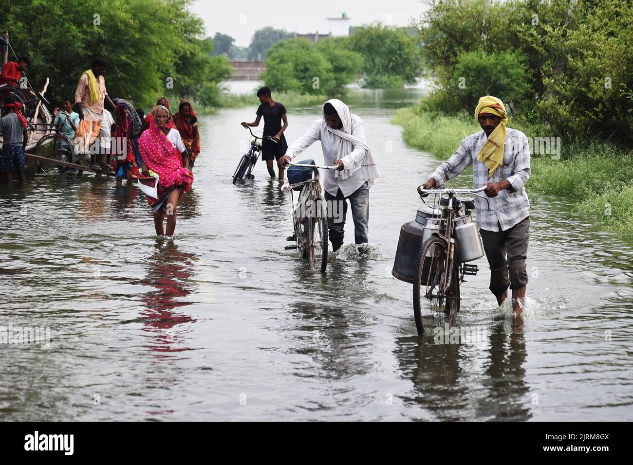 Prayagraj 24th Aug 2022 Villagers Wade Through A Waterlogged Road