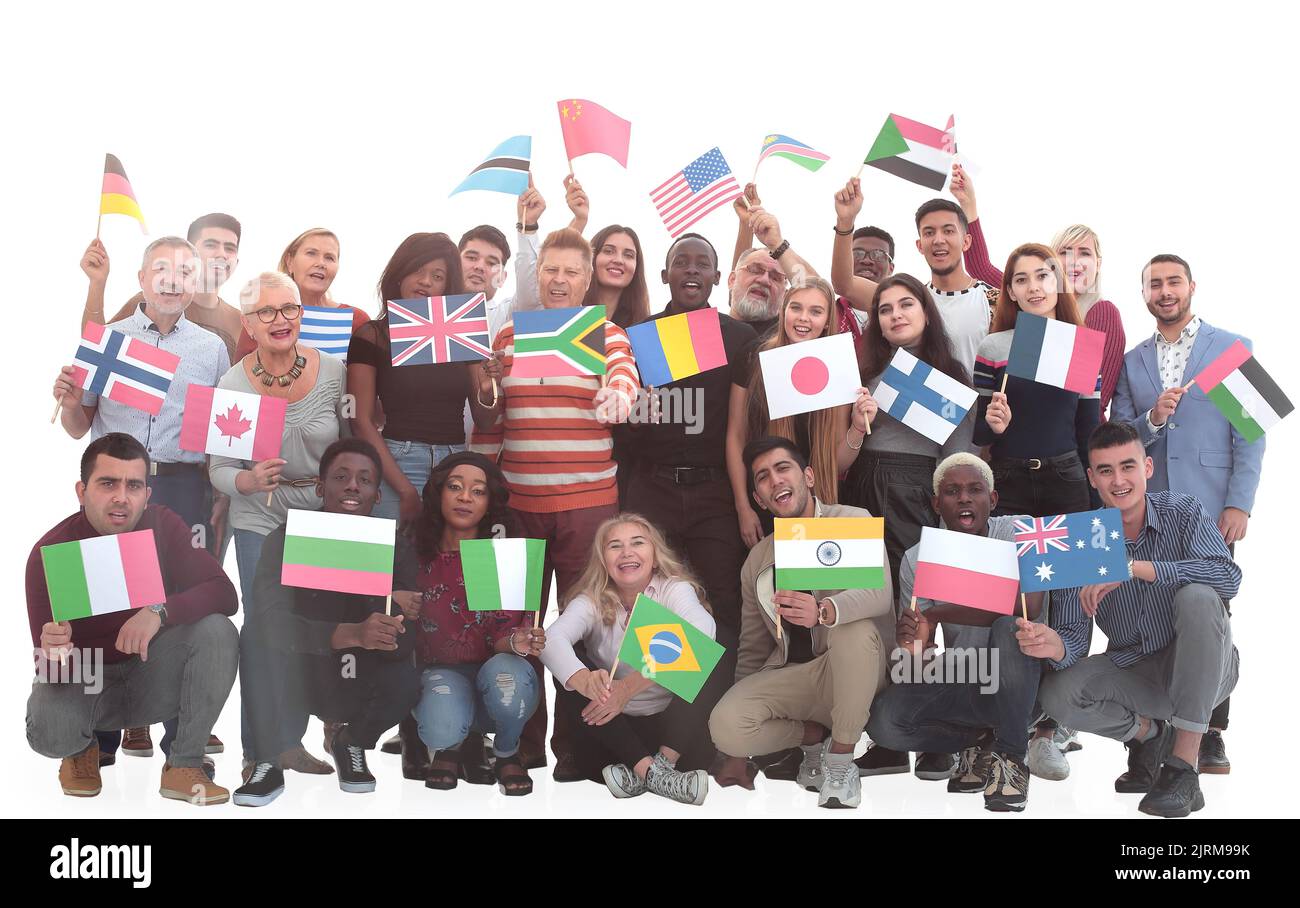 in full growth. funny diverse people with their national flags Stock Photo