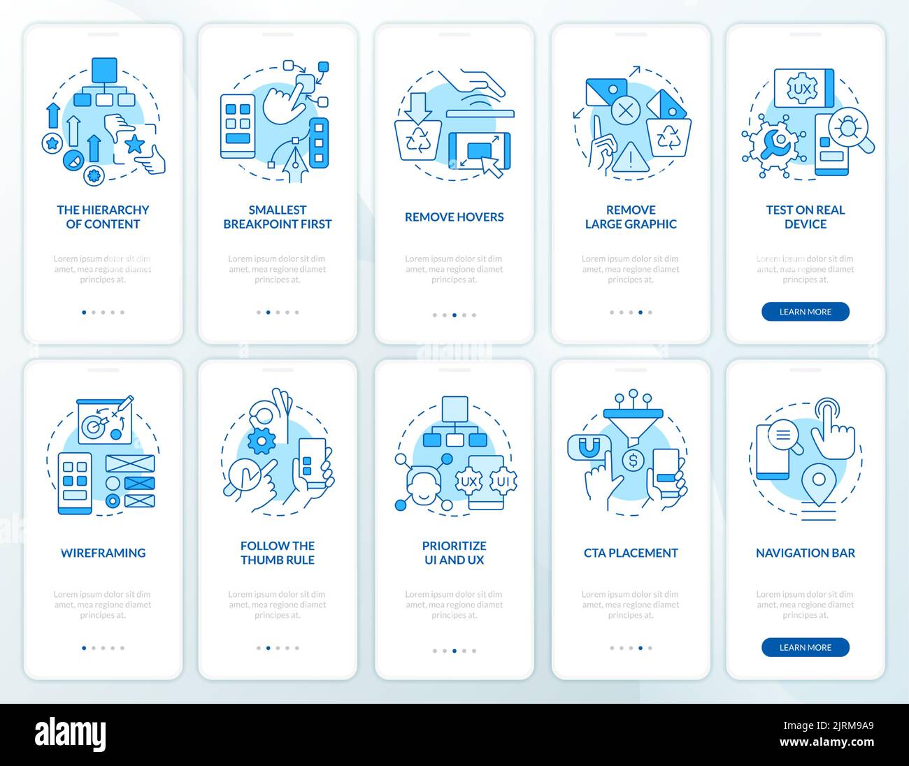 Mobile first design blue onboarding mobile app screen set Stock Vector