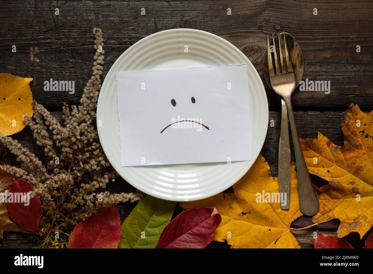 sad emoticon is drawn on paper lies on a white plate on a wooden table in autumn yellow leaves, sadness sadness depression, crisis and nothing to eat, Stock Photo