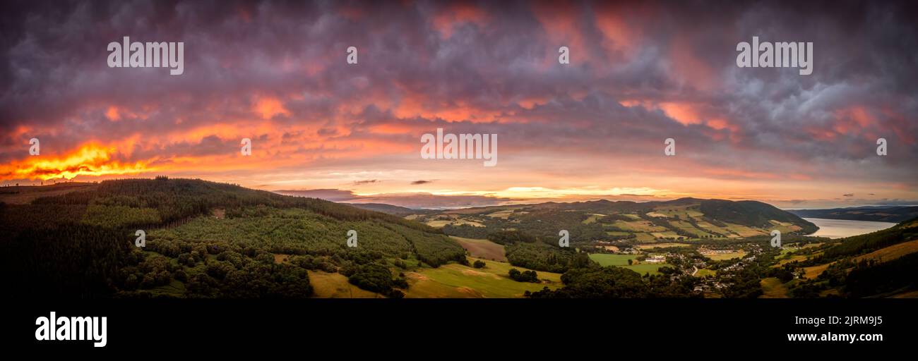 The last moments of sunset above Drumnadrochit, Loch Ness and the Great Glen. Stock Photo