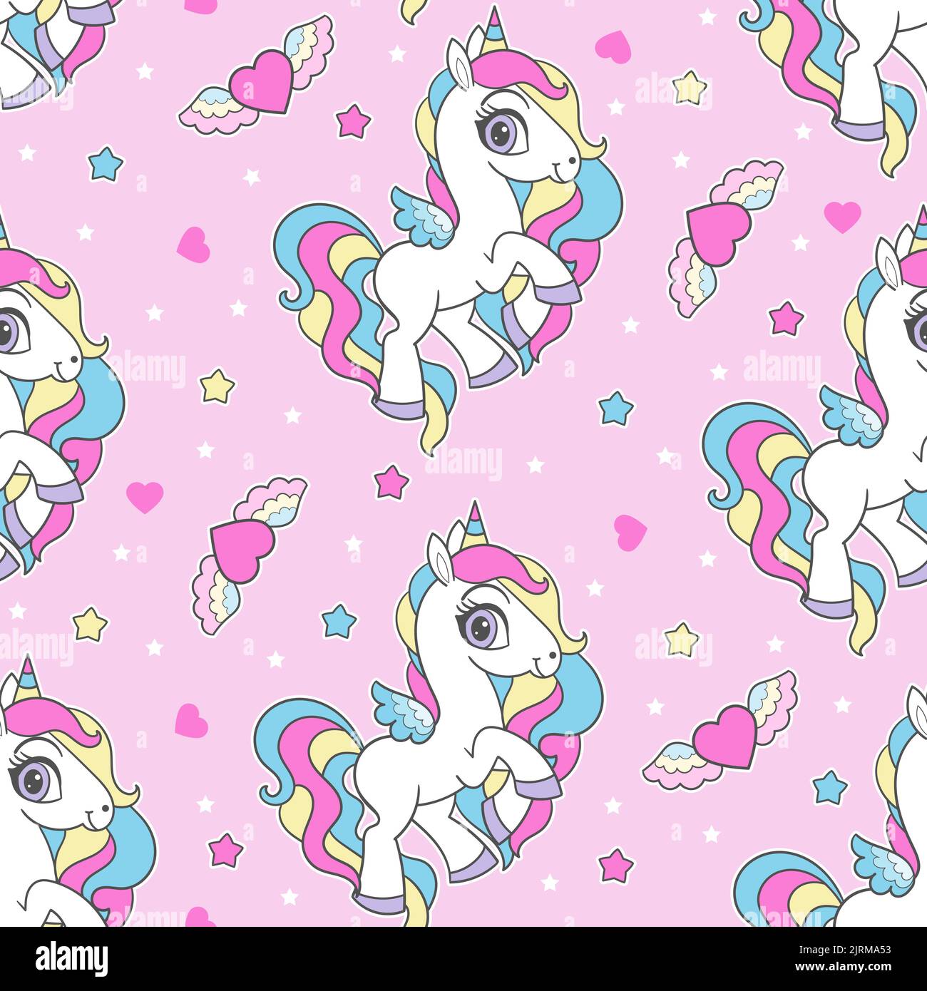 Seamless pattern with rainbow unicorns on a pink background. Children's
