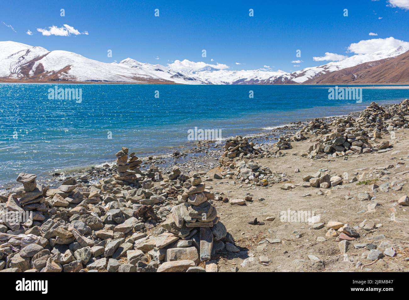 Yangzhuo Yongcuo lake also known as slender west lake is close to Lhasa, Tibet, China - image taken on the Tibetan Friendship Highway. Stock Photo