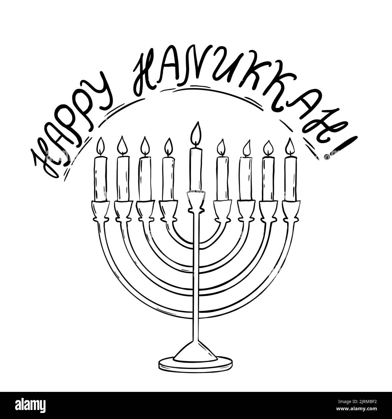 Hand drawn illustration of hannukah menorah with happy hannukah