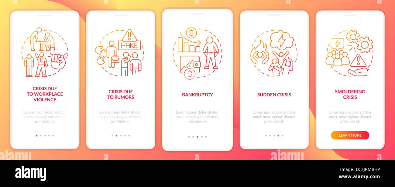Types of risks red gradient onboarding mobile app screen Stock Vector