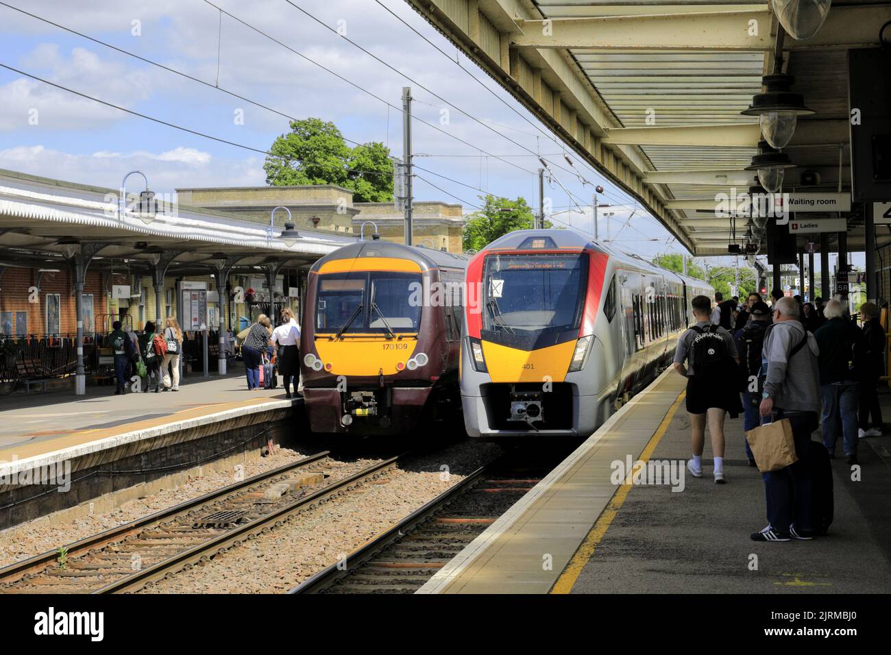 Greateranglia trains Class 755 and C2C 170 class Turbostar Train at Ely station, Ely city, Cambridgeshire, England Stock Photo