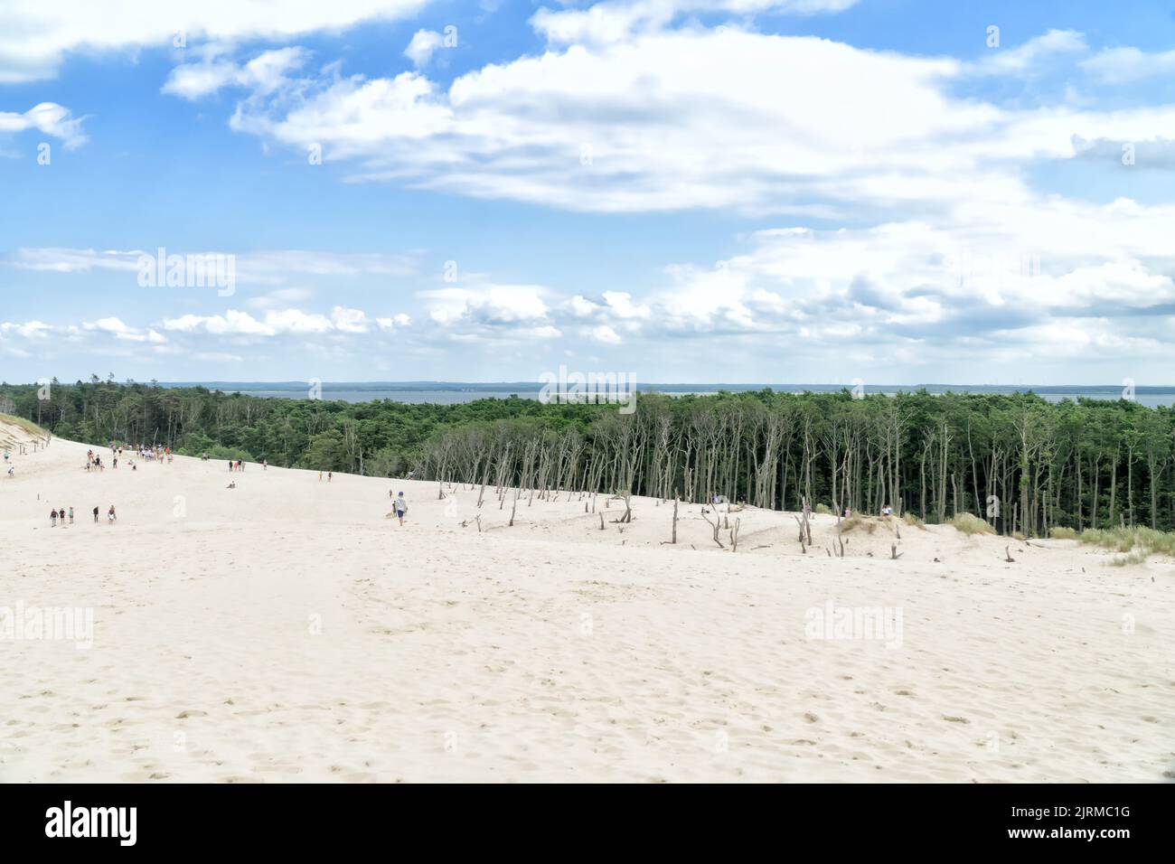 View on Lebsko Lake from Lacka dune in Slowinski National Park in Poland. Traveling dune in sunny summer day. Sandy beach and and blue sky with white Stock Photo