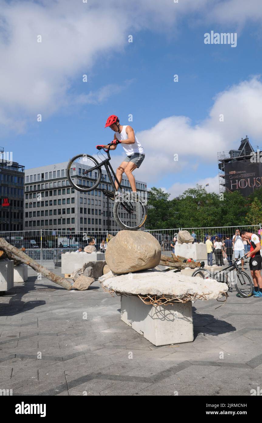 Copenhagen /Denmark/25 August  2022/  Sports man from hungry practice biketrails sports on Copenahgen town hall square in danish capital.  (Photo..Francis Joseph Dean/Dean Pictures. Stock Photo