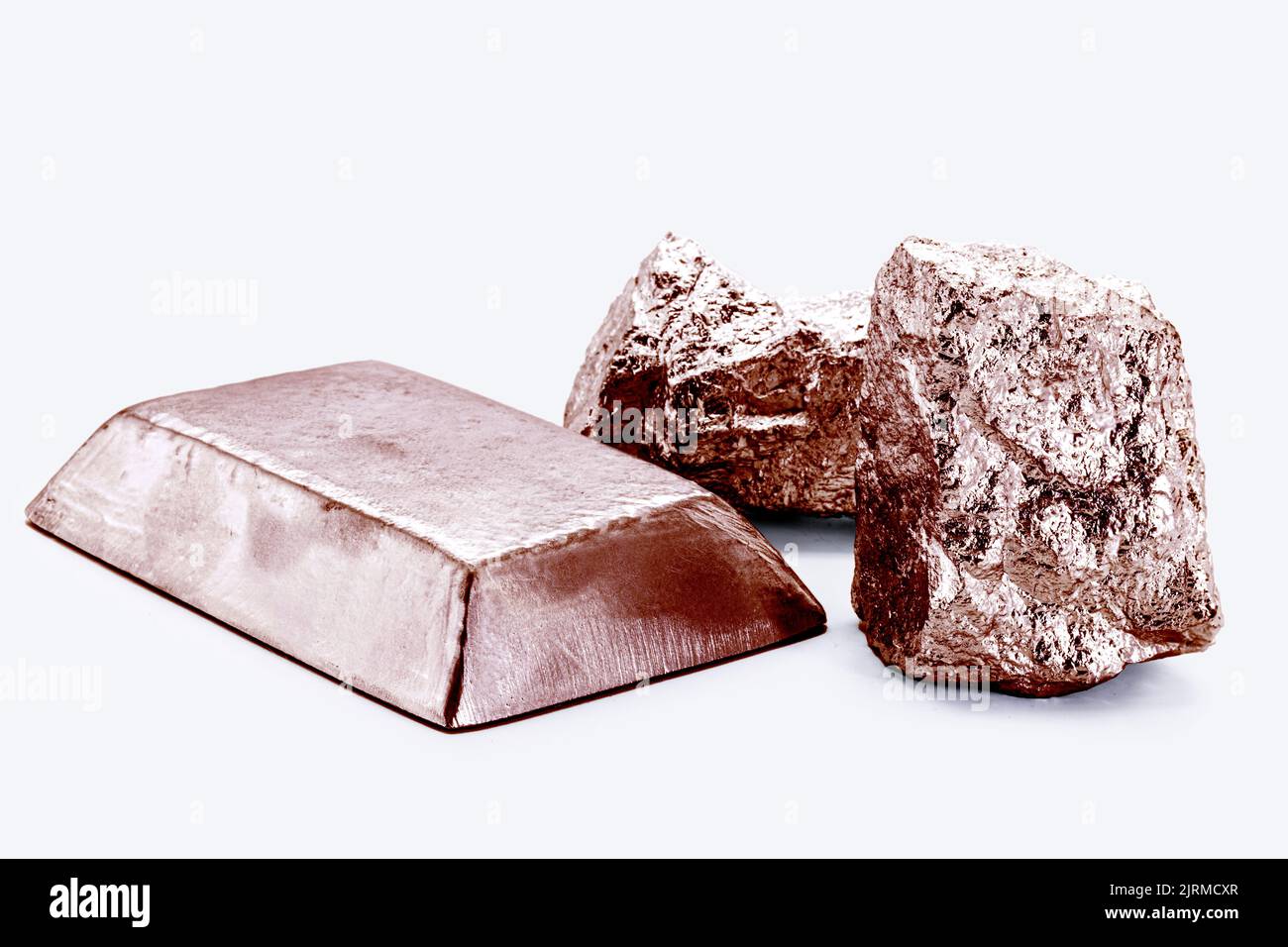 copper ore ingot and copper nuggets, real photo, isolated white