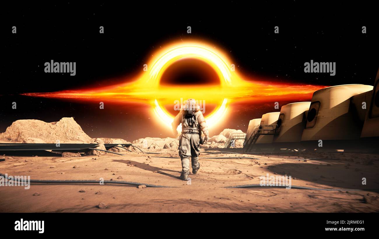 The Astronaut in Space Suit Walking on Mars Planet towards Black Hole ...