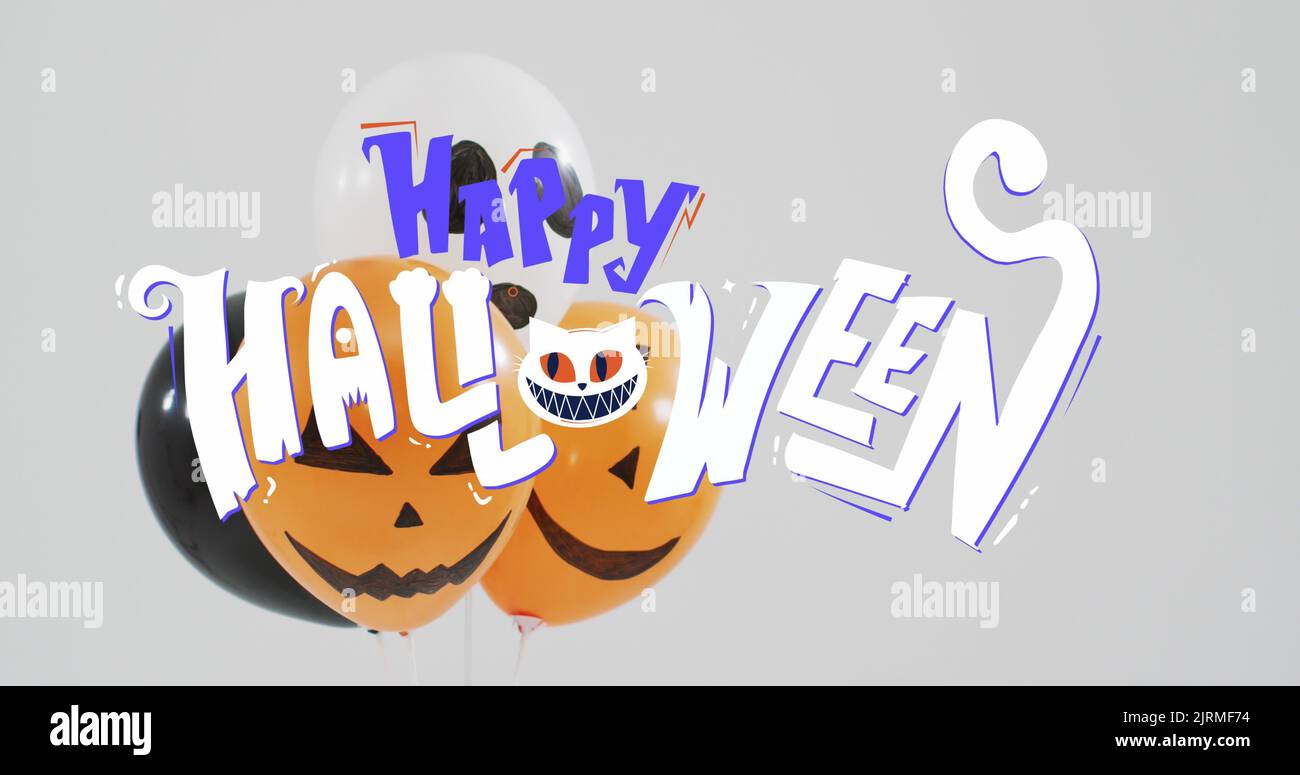 Happy halloween text banner over halloween pumpkin printed balloons against grey background Stock Photo
