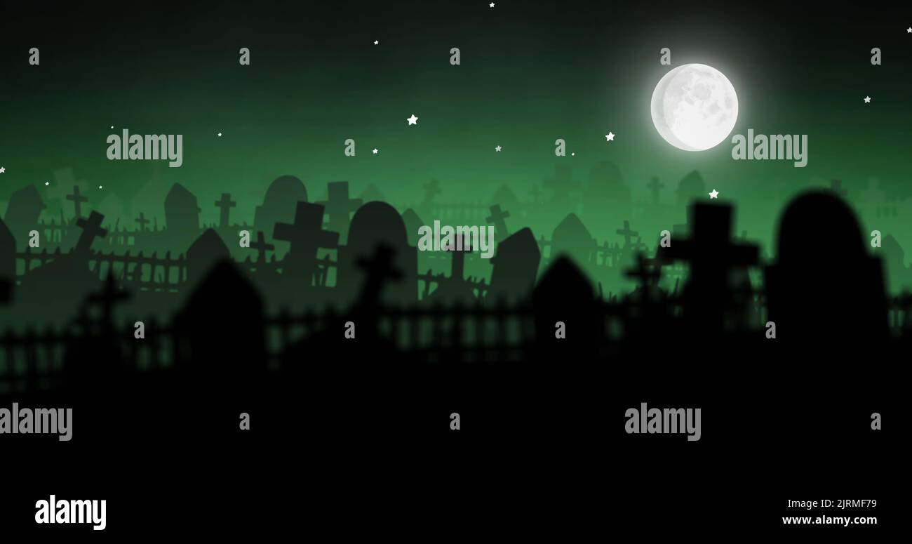 Image of halloween cemetery and full moon on green background Stock Photo
