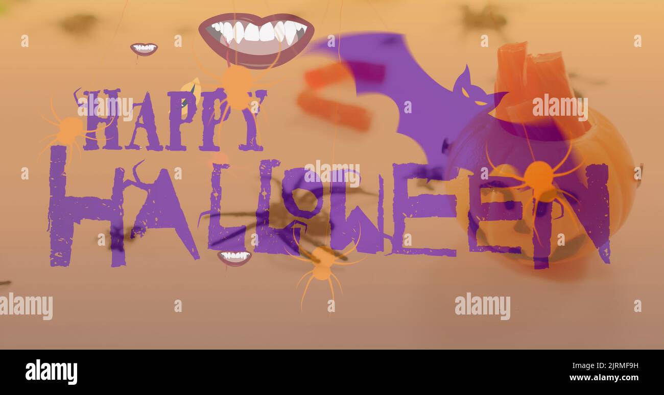 Happy halloween text banner with bat and spiders icons against halloween candies and toys Stock Photo
