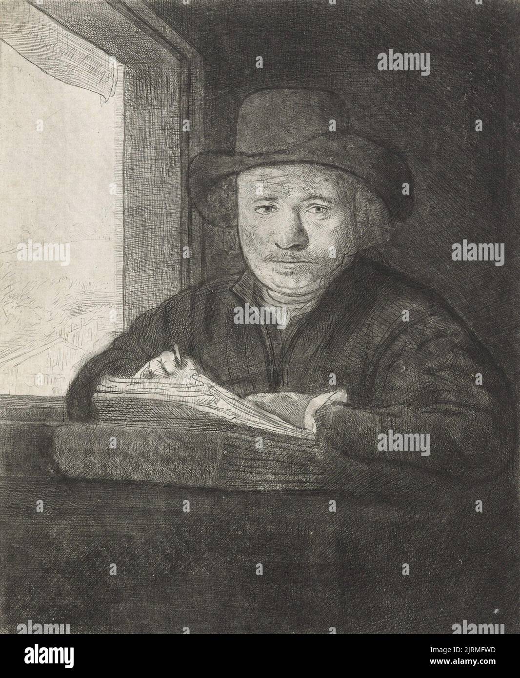 Selfportrait etching at a window., 1648, Amsterdam, by Rembrandt van