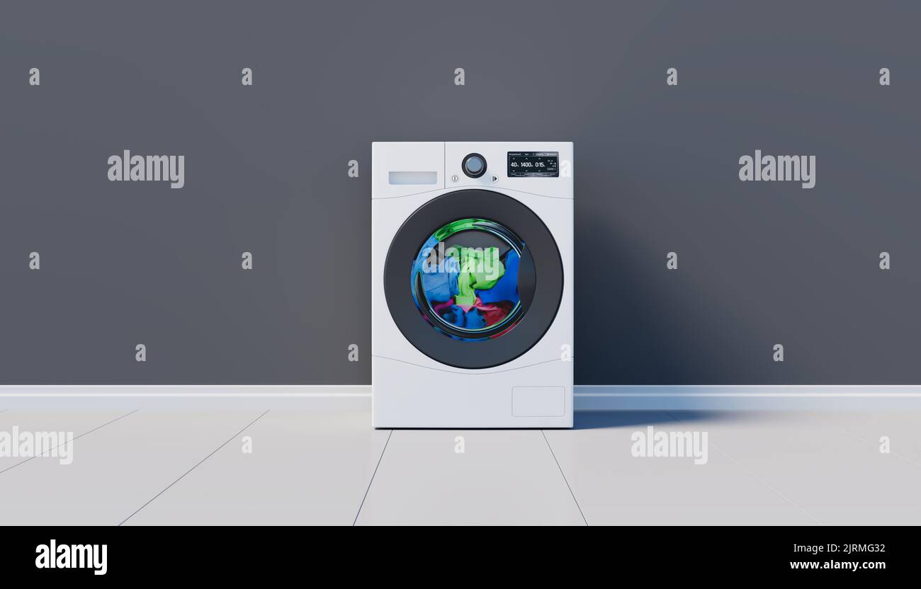 Washing machine with clothes inside standing on a tile against a gray background. 3d render Stock Photo