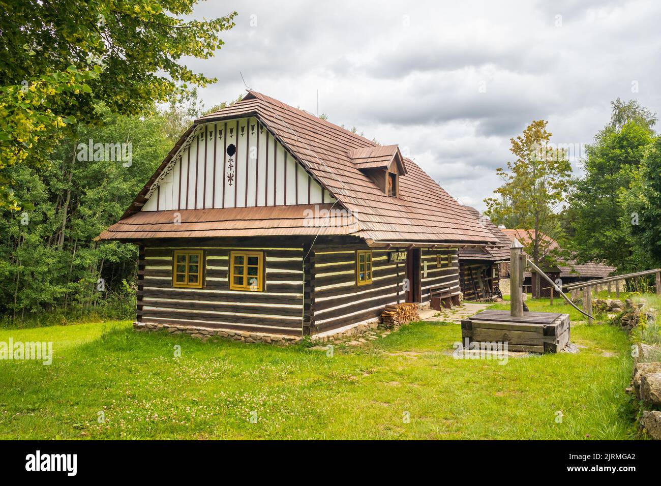 timbered house - czech traditional wooden house at Vesely Kopec, Bohemian-Moravian Highlands, Czech republic Stock Photo