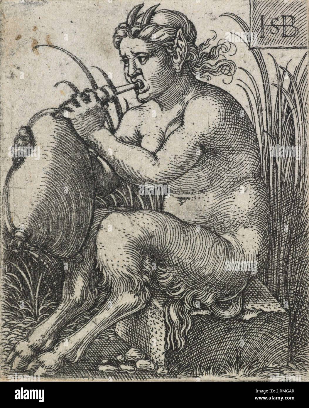 Satyr woman playing bagpipe., 1531-1550, Germany, by Hans Sebald Beham. Gift of Bishop Monrad, 1869. Stock Photo