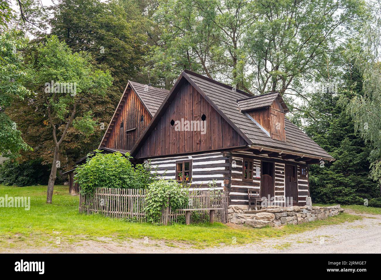 timbered house - czech traditional wooden house at Vesely Kopec, Bohemian-Moravian Highlands, Czech republic Stock Photo