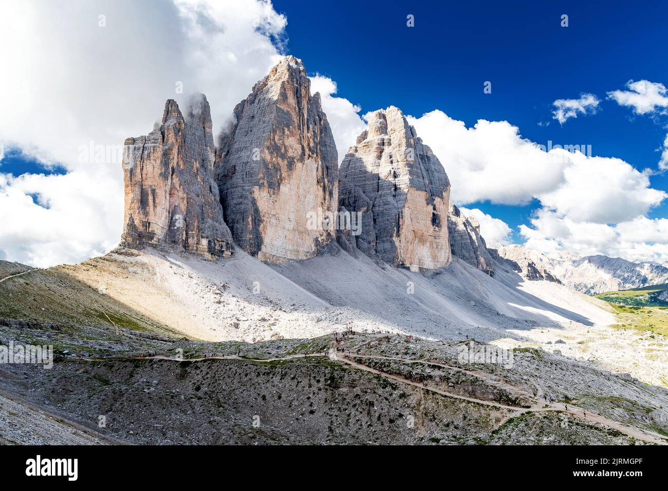Famous three distinctive peaks of the Drei Zinnen (Tre Cime di Lavaredo) in the Dolomite Alps in Italy Stock Photo