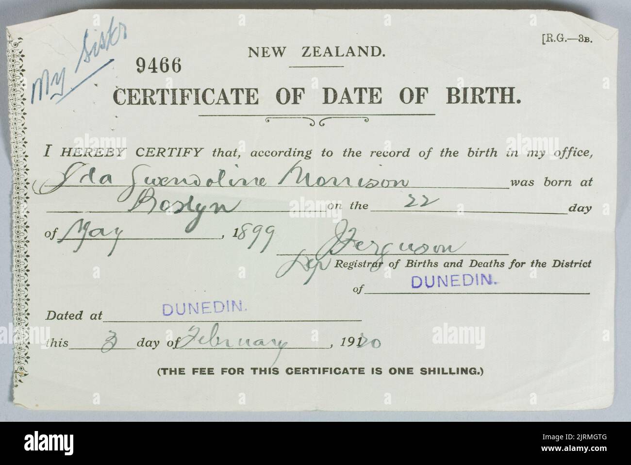 Certificate of Date of Birth, 3 February 1920, New Zealand, by Registrar of Births, Deaths and