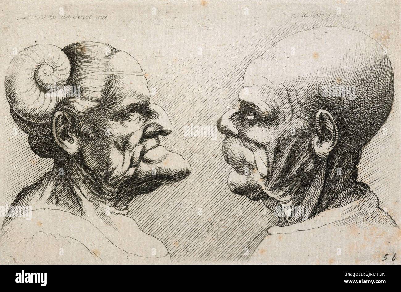 Caricatures and deformities after Leonardo. Two distorted heads., circa ...