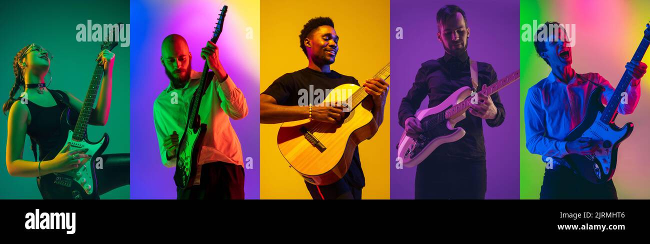 Portraits of pop and rock musicians with electric and acoustic guitars ...