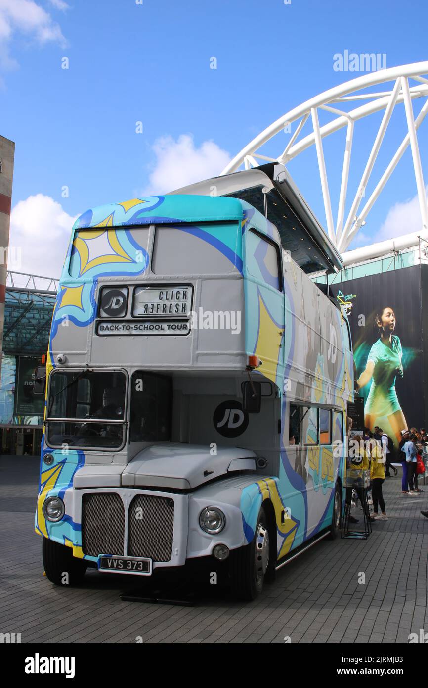 JD Sports and Excel Esports ‘Click Refresh’ Back-to-School Tour double deck bus outside Rotunda in Birmingham city centre on 19th August 2022 Stock Photo