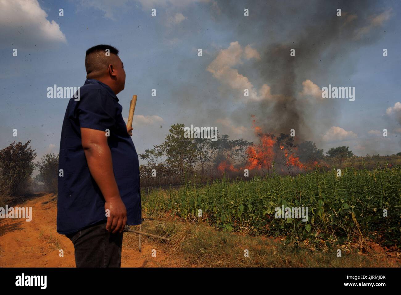 A villager looks at a brush fire that rages near fields during a drought in Xinyao village, Nanchang city, Jiangxi province, China, August 25, 2022.  REUTERS/Thomas Peter Stock Photo